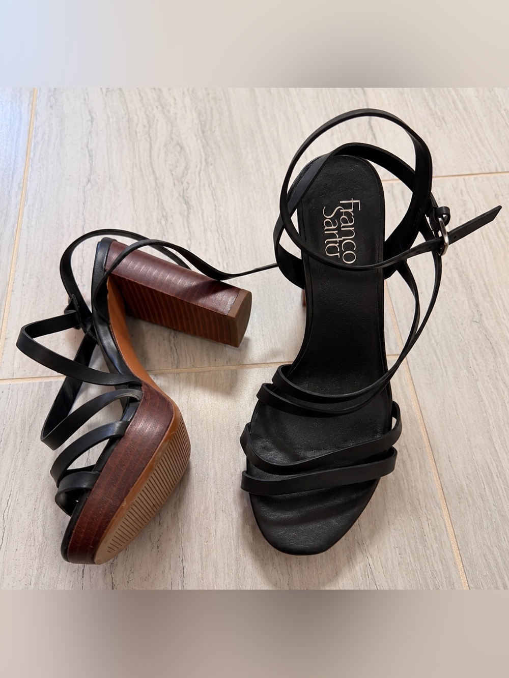 Franco Sarto Black Strappy Block Heel Sandals with Wood-Tone Heel